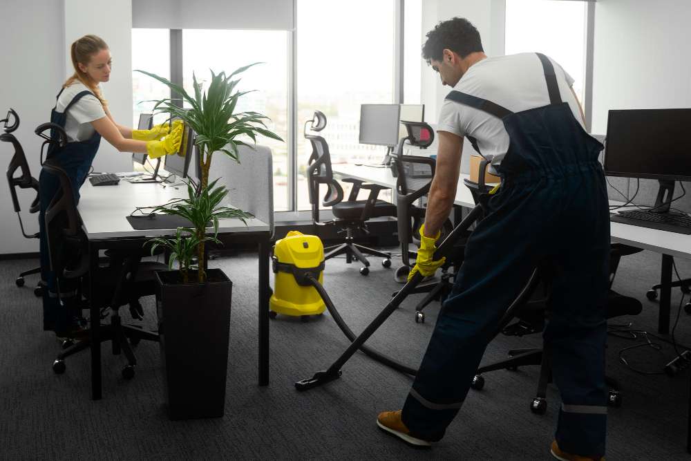 A professional cleaner from Scrub Lou meticulously servicing a Louisville, KY office, showcasing the importance of reliable cleaning